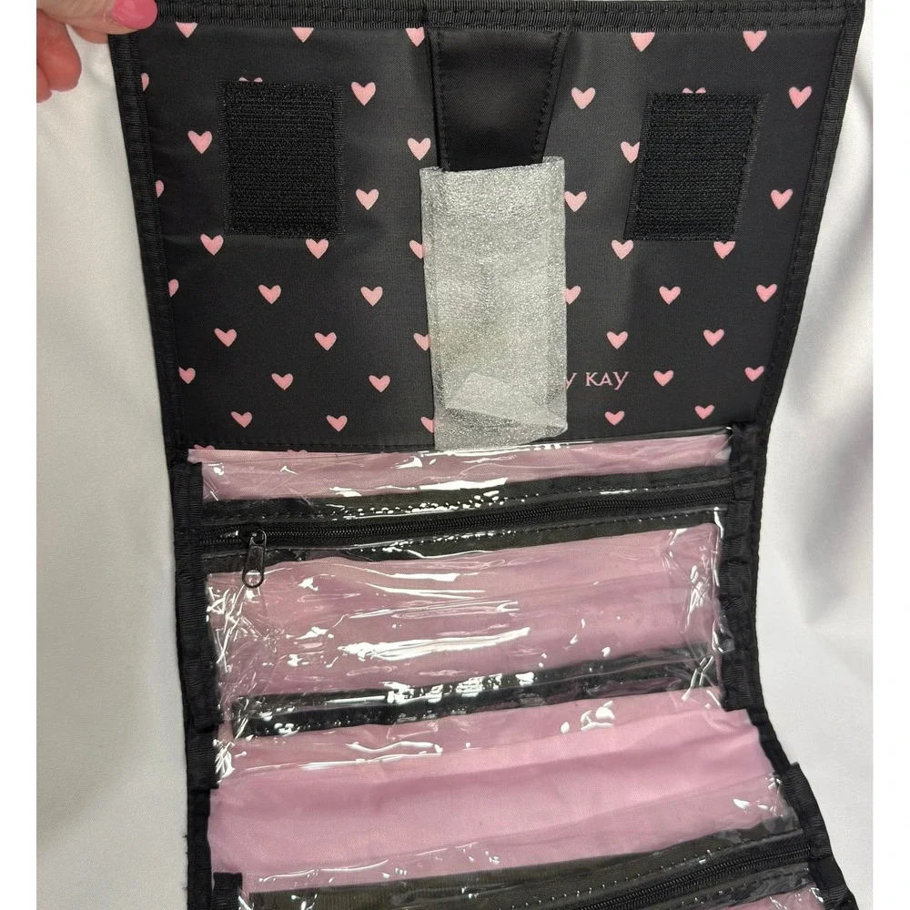 New Mary Kay Travel Roll-Up Bag Black Pink Heart Cosmetic Organizer Hanging